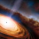 An illustration of a quasar—a supermassive black hole surrounded by superheated material.